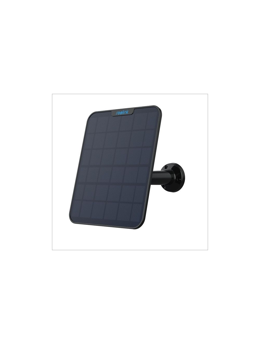 Zwart Reolink Solar Panel 2 zonnepaneel met verstelbare montagebeugel voor draadloze beveiligingscamera's.