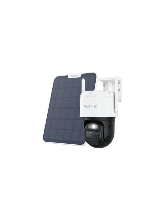 Witte Reolink G770 4K PTZ-beveiligingscamera met dubbele lens en bijbehorend zonnepaneel voor draadloos gebruik.