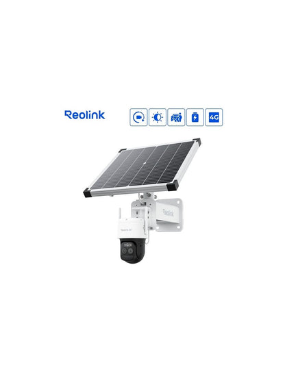 Witte Reolink G790 dual-lens PTZ-beveiligingscamera met 30W zonnepaneel voor draadloze 4G LTE buitenbewaking.