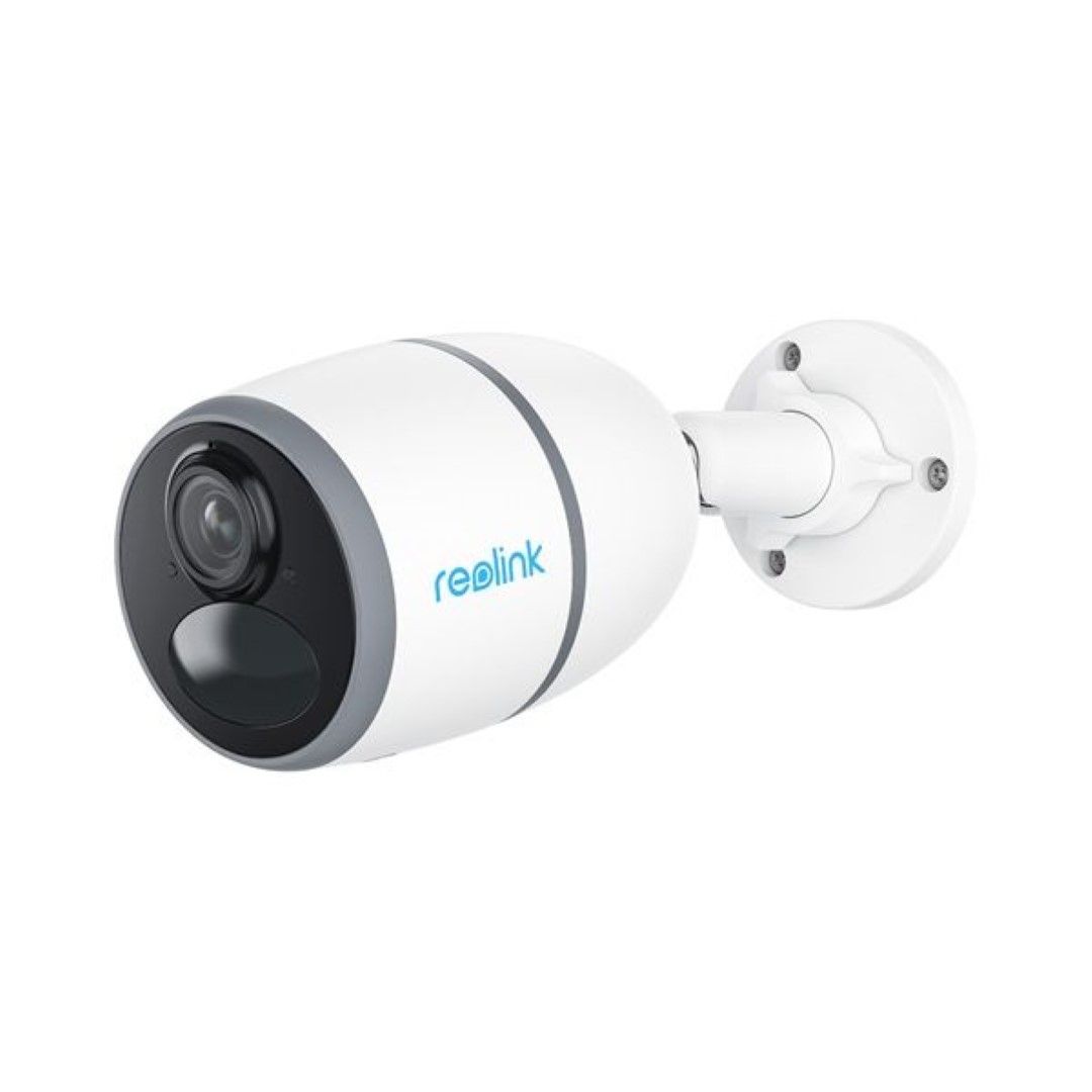 Witte Reolink Go G330 4G LTE bullet beveiligingscamera met zwarte lens en verstelbare muurbeugel.