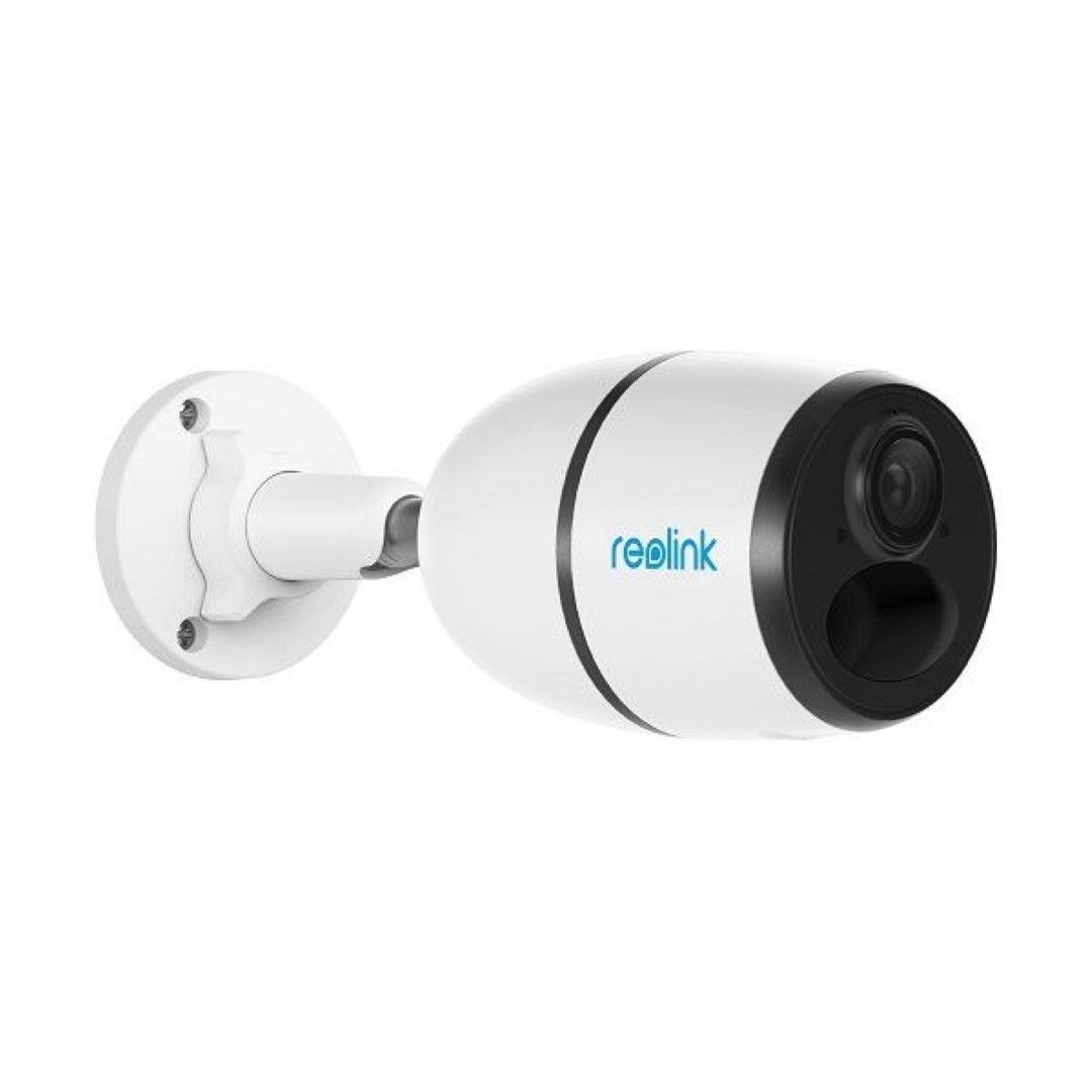 Witte Reolink Go G330 4G bullet beveiligingscamera met zwarte lens en verstelbare muurbeugel.
