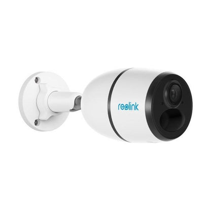 Witte Reolink Go G330 4G bullet beveiligingscamera met zwarte lens en verstelbare muurbeugel.
