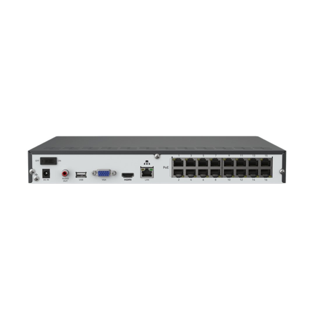 Achterkant van zwarte 16-kanaals Reolink NVR met 16 PoE-poorten, HDMI, VGA, USB en audio-aansluitingen.
