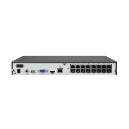 Achterkant van zwarte 16-kanaals Reolink NVR met 16 PoE-poorten, HDMI, VGA, USB en audio-aansluitingen.