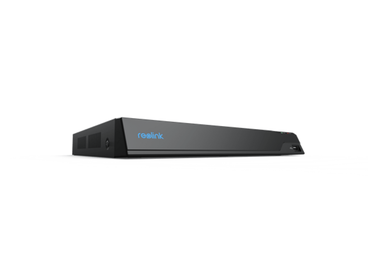 Zwarte Reolink 16-kanaals NVR bewakingsrecorder met blauw logo en strak, plat design op een witte achtergrond.