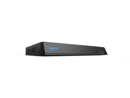 Zwarte Reolink 16-kanaals NVR bewakingsrecorder met blauw logo en strak, plat design op een witte achtergrond.