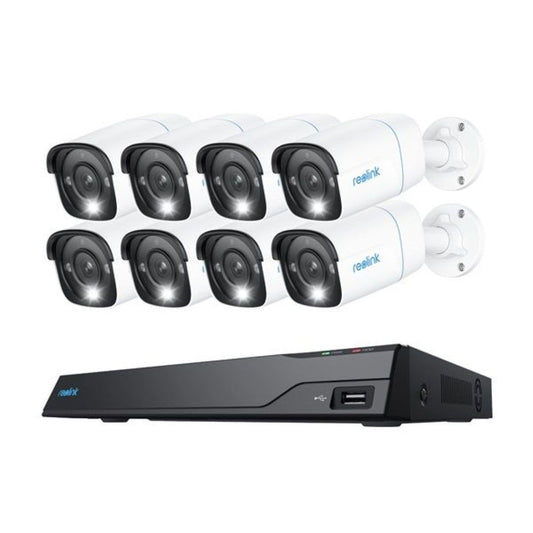 Reolink 16-kanaals NVR met acht witte 4K PoE bullet camera's voor professionele videobewaking.