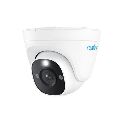 Witte Reolink 8MP PoE turret beveiligingscamera met zwarte lensmodule en blauw logo op een witte achtergrond.