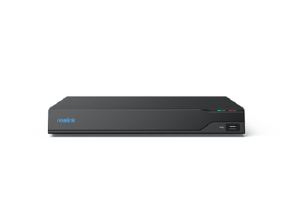 Zwarte Reolink 16-kanaals NVR bewakingsrecorder met USB-poort en statuslampjes op de voorzijde.
