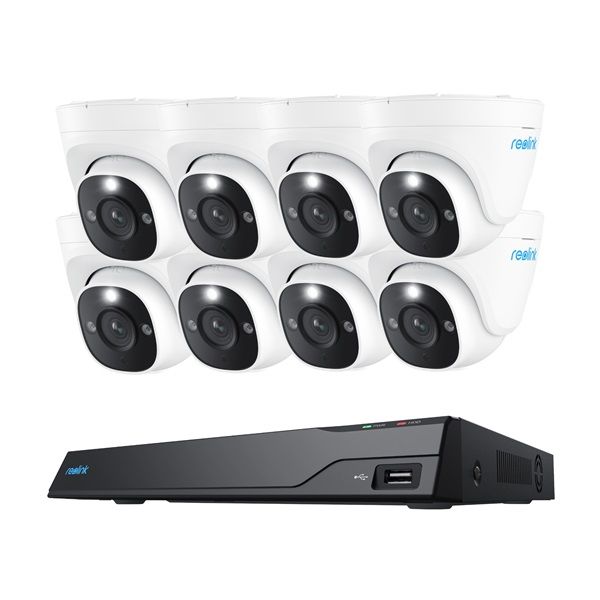 Reolink 16-kanaals NVR met 8 witte 4K PoE turret camera's voor professionele beveiliging.
