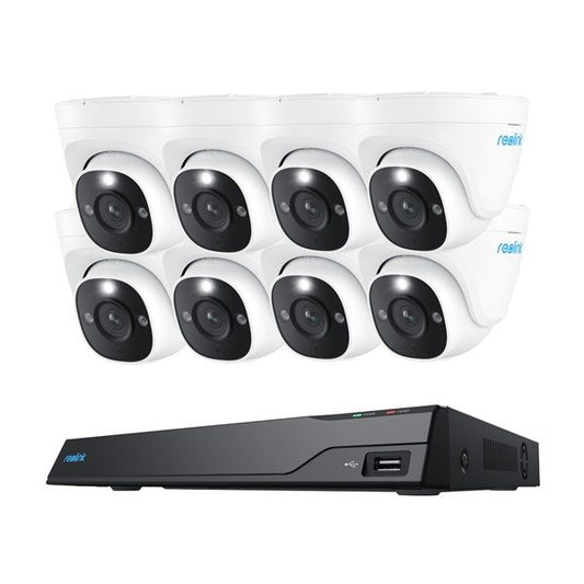 Reolink 16-kanaals NVR met 8 witte 4K PoE turret camera's voor professionele beveiliging.