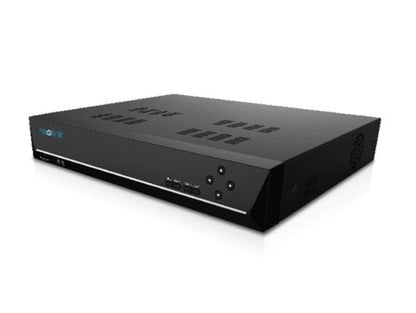 Zwarte Reolink 16-kanaals PoE NVR recorder met strak design, ventilatieopeningen en bedieningsknoppen op de voorzijde.
