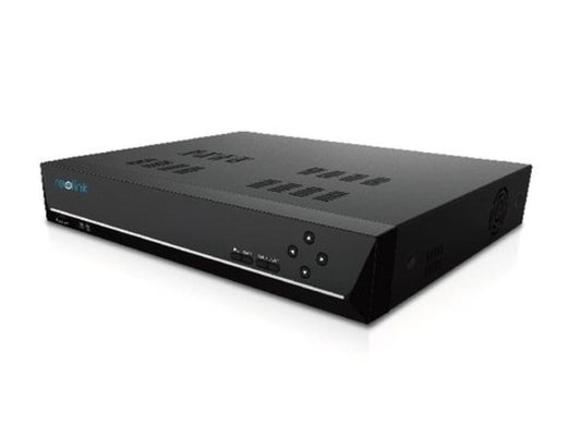 Zwarte Reolink 16-kanaals PoE NVR recorder met strak design, ventilatieopeningen en bedieningsknoppen op de voorzijde.