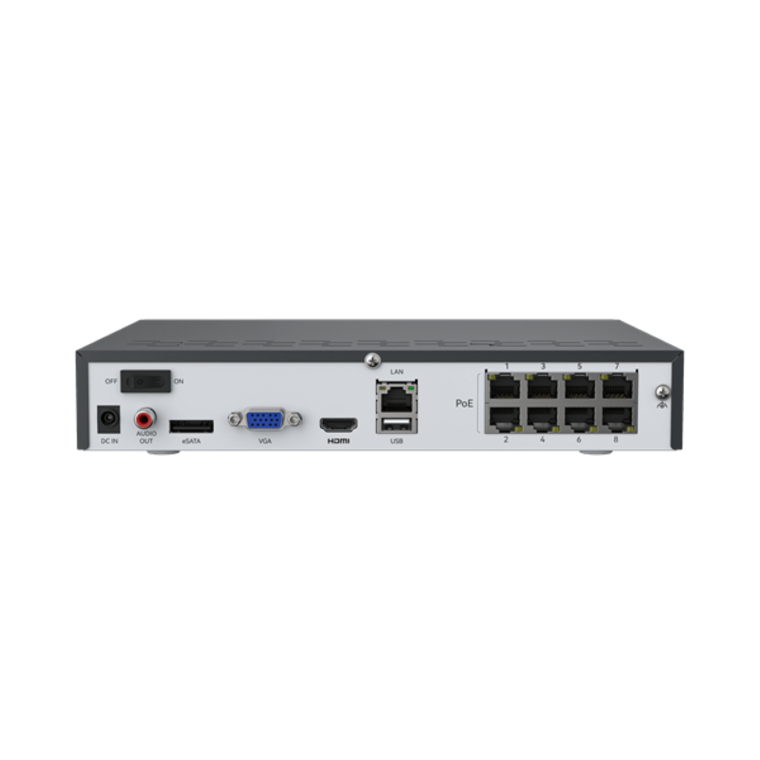 Achterzijde van de zwarte 8-kanaals Reolink PoE NVR met acht netwerkpoorten, HDMI, VGA, audio-uitgang en USB-aansluitingen.