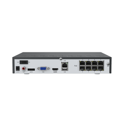 Achterzijde van de zwarte 8-kanaals Reolink PoE NVR met acht netwerkpoorten, HDMI, VGA, audio-uitgang en USB-aansluitingen.