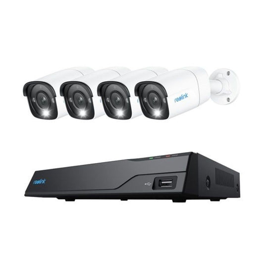 Reolink 8-kanaals NVR met vier witte 12MP PoE bullet camera's voorzien van ingebouwde spotlights.