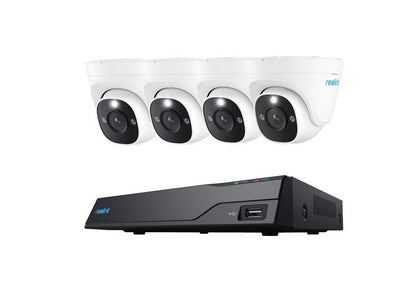 Reolink 12MP PoE beveiligingsset met vier witte turret camera's en een zwarte 8-kanaals NVR recorder.