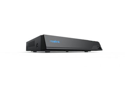 Zwarte Reolink NVS8 8-kanaals PoE NVR recorder met strak design en USB-poort aan de voorzijde.