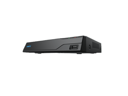 Zwarte Reolink NVS8 8-kanaals PoE NVR recorder met USB-poort en statuslampjes aan de voorzijde.