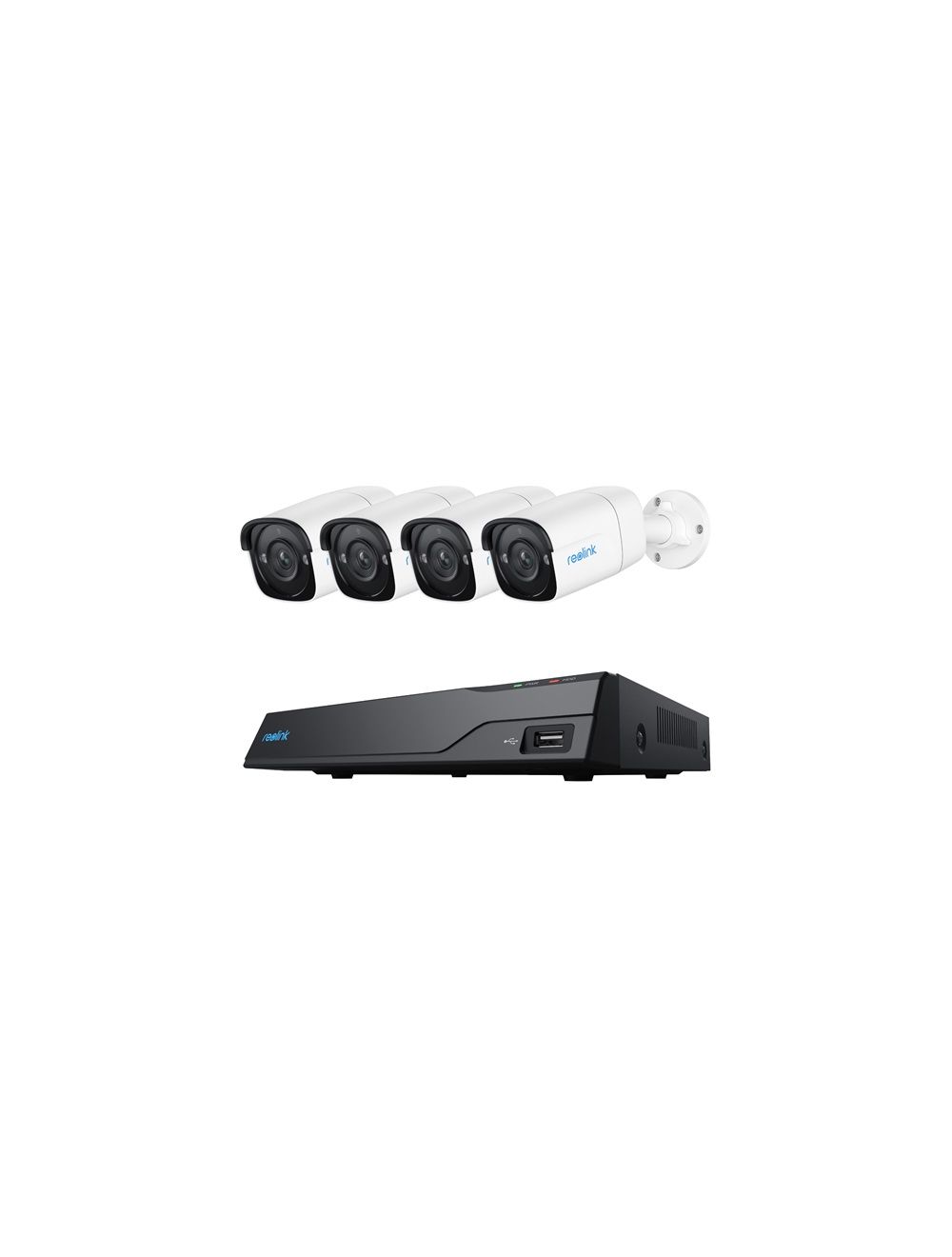 Reolink NVS8-5MB4 beveiligingsset met vier witte 5MP PoE bullet camera's en een zwarte 8-kanaals NVR met 2TB opslag.
