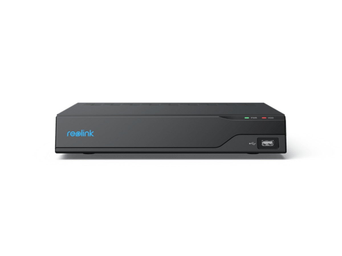Zwarte Reolink 8-kanaals NVR bewakingsrecorder met blauw logo en USB-poort aan de voorzijde.