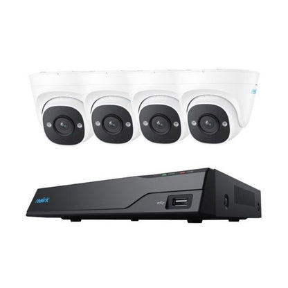 Reolink 8-kanaals NVR met vier witte 5MP PoE turret camera's voor professionele videobewaking.