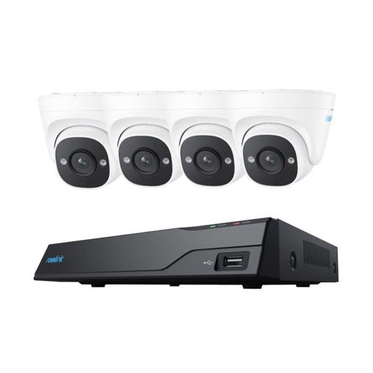 Reolink 8-kanaals NVR met vier witte 5MP PoE turret camera's voor professionele videobewaking.