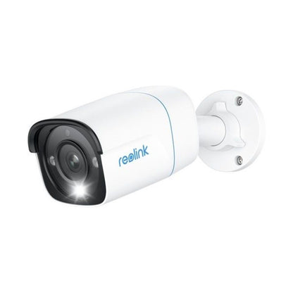 Witte Reolink 4K PoE bullet camera met zwarte lensbehuizing, muurbeugel en ingebouwde ledverlichting.