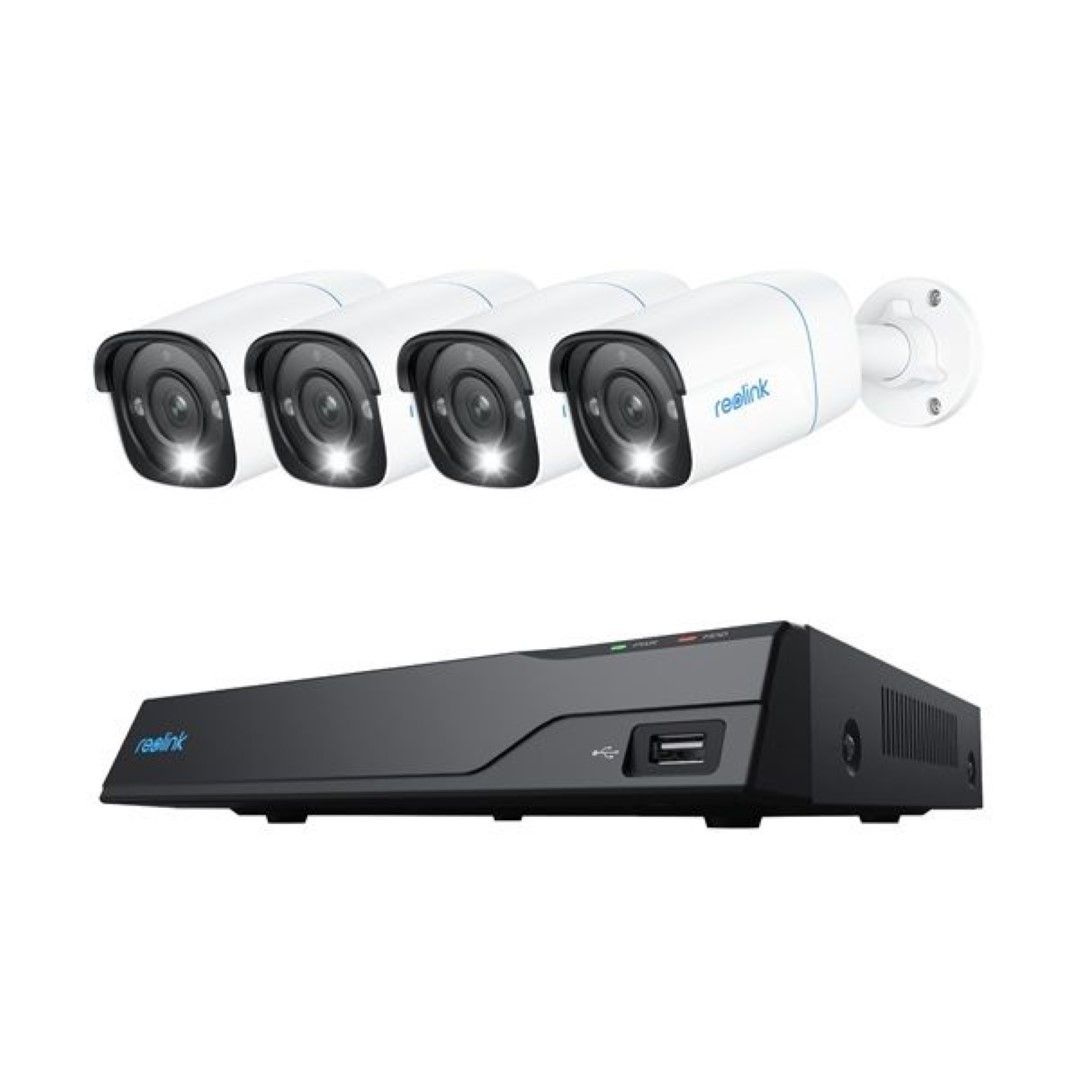 Reolink 8-kanaals NVR met vier witte 4K PoE bullet camera's voor professionele videobewaking.
