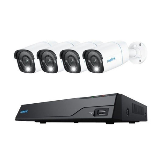 Reolink 8-kanaals NVR met vier witte 4K PoE bullet camera's voor professionele videobewaking.