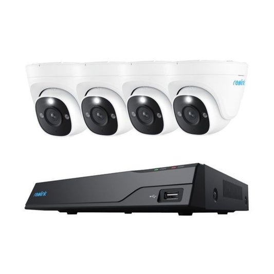 Vier witte Reolink 4K PoE turret camera's en een zwarte 8-kanaals NVR met USB-poort voor videobewaking.