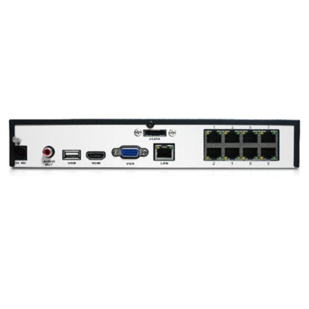 Achterzijde van zwarte Reolink 8-kanaals PoE NVR met acht PoE-poorten, HDMI, VGA, USB en audio-aansluitingen.