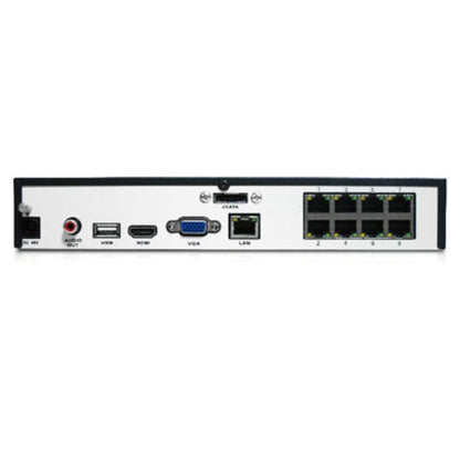 Achterzijde van zwarte Reolink 8-kanaals PoE NVR met acht PoE-poorten, HDMI, VGA, USB en audio-aansluitingen.