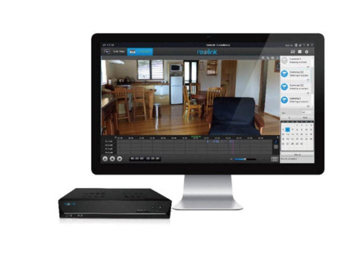 Zwarte Reolink 8-kanaals PoE NVR recorder met monitor waarop de Reolink desktop software voor camerabeheer wordt getoond.