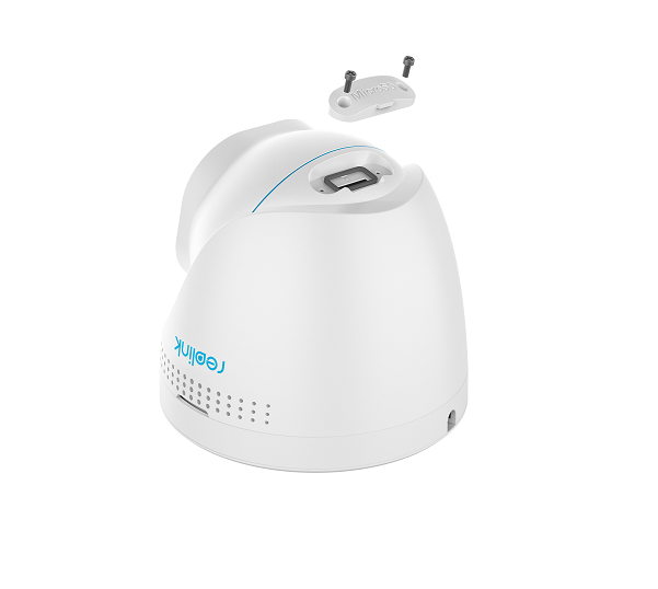 Witte Reolink P334 PoE turret camera met open MicroSD-kaartslot en schroeven.