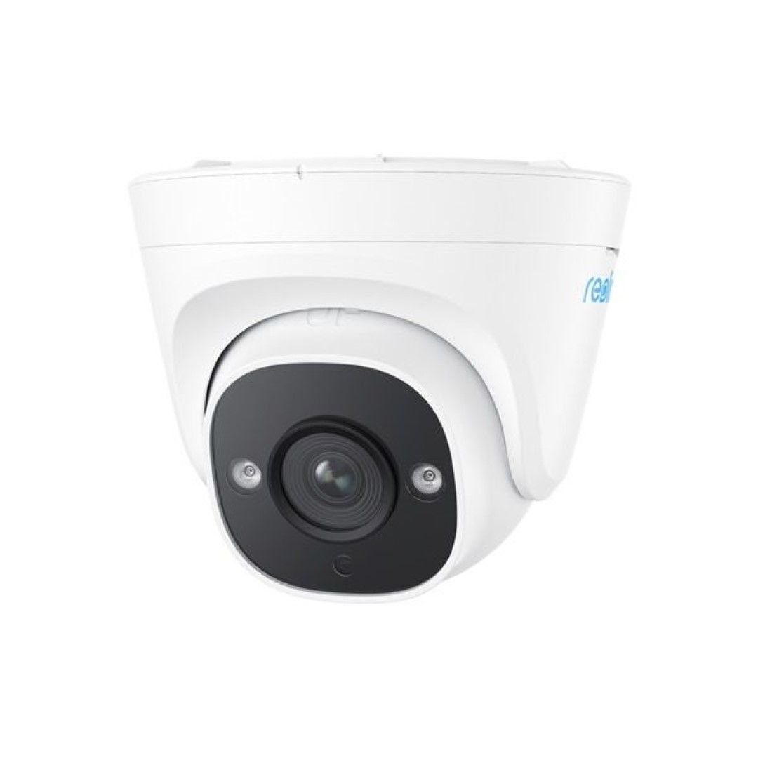 Witte Reolink P324 5MP PoE turret beveiligingscamera met zwarte lensmodule en weerbestendig design.