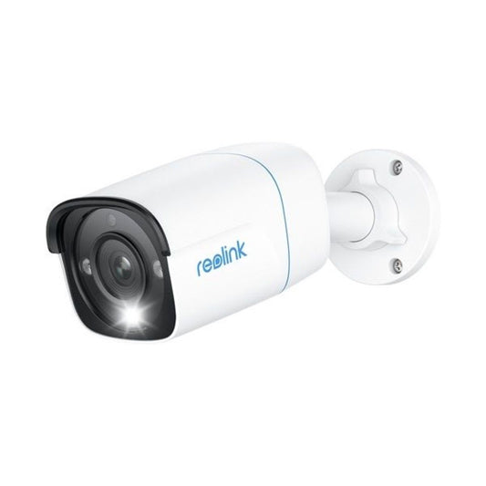 Witte Reolink P330 8MP PoE bulletcamera met zwarte lensbehuizing, ingebouwde spotlight en muurbevestiging.