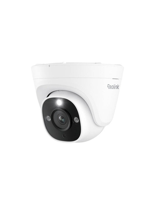 Witte Reolink 12MP PoE turret beveiligingscamera met ingebouwde spotlight en zwarte lensmodule voor buiten.