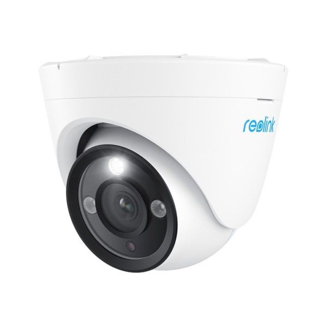 Witte Reolink P434 12MP PoE turret beveiligingscamera met spotlight en zwart lensgedeelte.