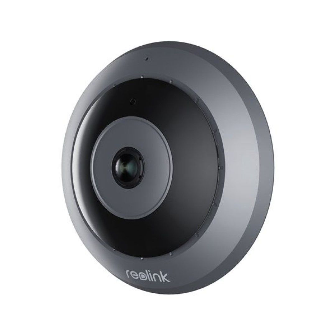 Reolink P520 6MP PoE fisheye dome camera met een grijs rond design en centrale groothoeklens voor 360° bewaking.