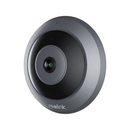 Reolink P520 6MP PoE fisheye dome camera met een grijs rond design en centrale groothoeklens voor 360° bewaking.