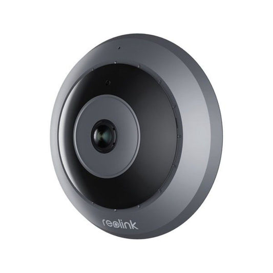 Reolink P520 6MP PoE fisheye dome camera met een grijs rond design en centrale groothoeklens voor 360° bewaking.
