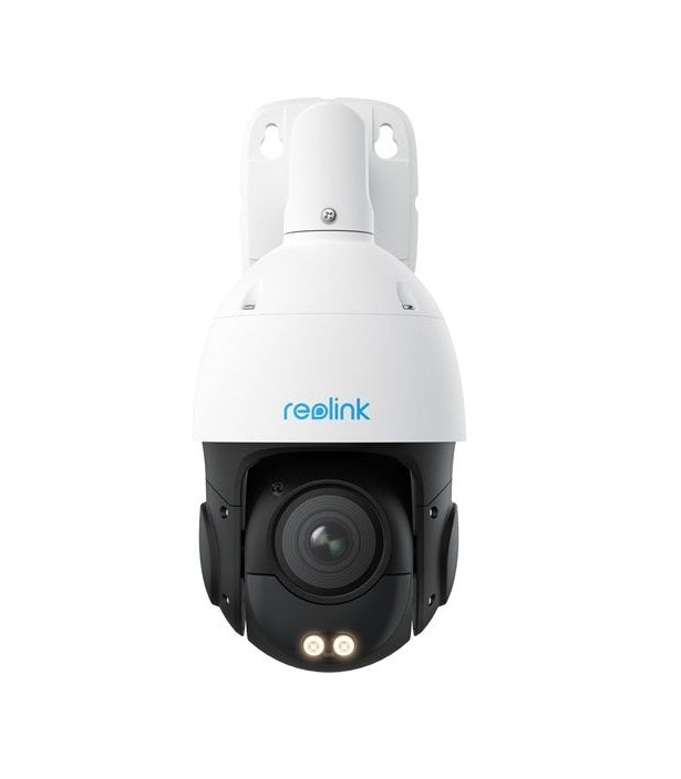 Witte Reolink P850 8MP PoE PTZ-beveiligingscamera met 16x zoom, zwarte lensmodule en geïntegreerde nachtzichtverlichting.