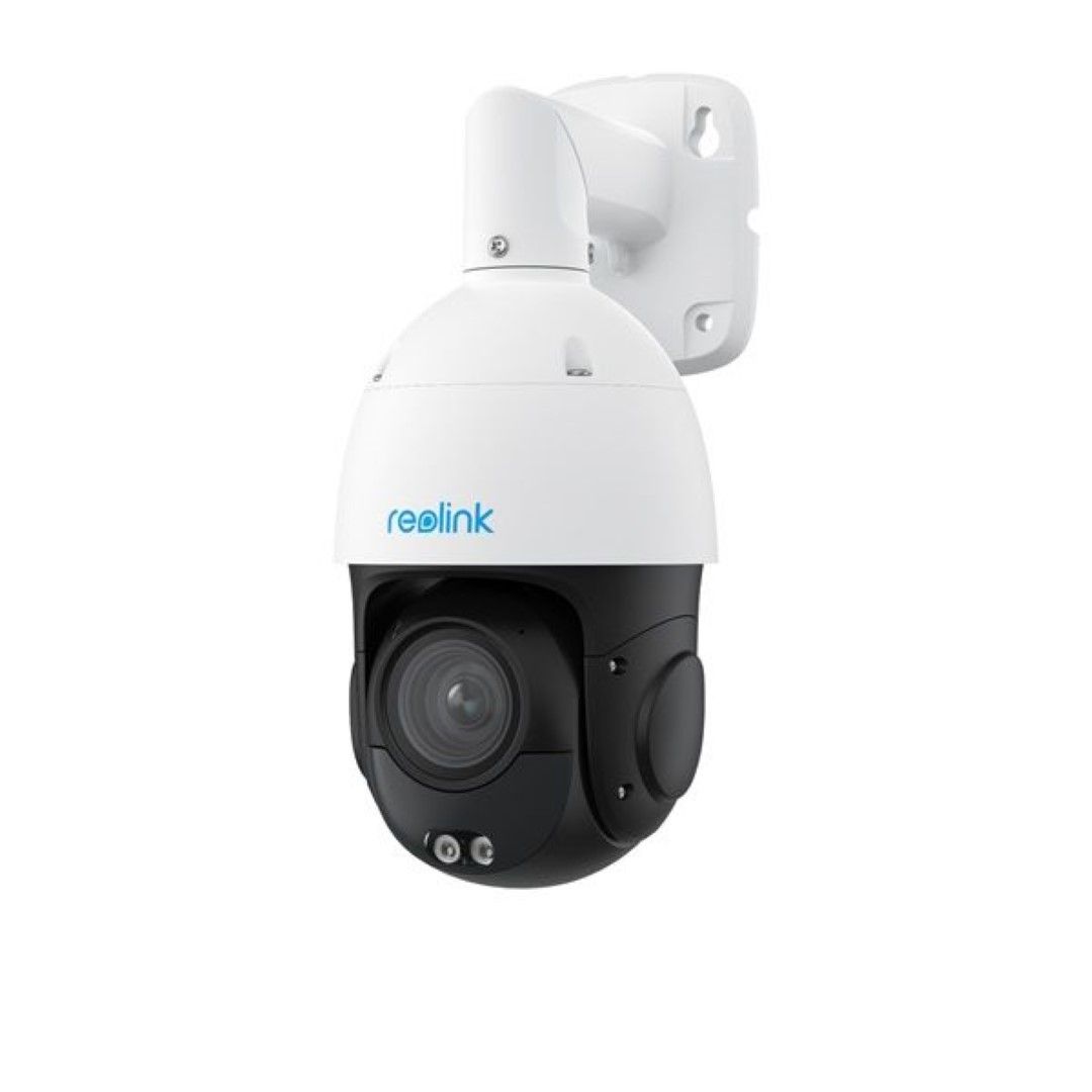 Witte Reolink P850 8MP PoE PTZ speeddome camera met zwarte lensbehuizing en muurbevestiging.