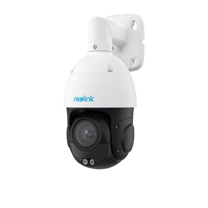 Witte Reolink P850 8MP PoE PTZ speeddome camera met zwarte lensbehuizing en muurbevestiging.