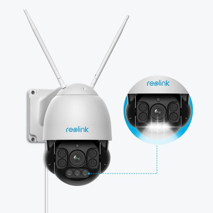Witte Reolink RLC-523WA WiFi PTZ-beveiligingscamera met 4x optische zoom, spotlight en dubbele antennes.