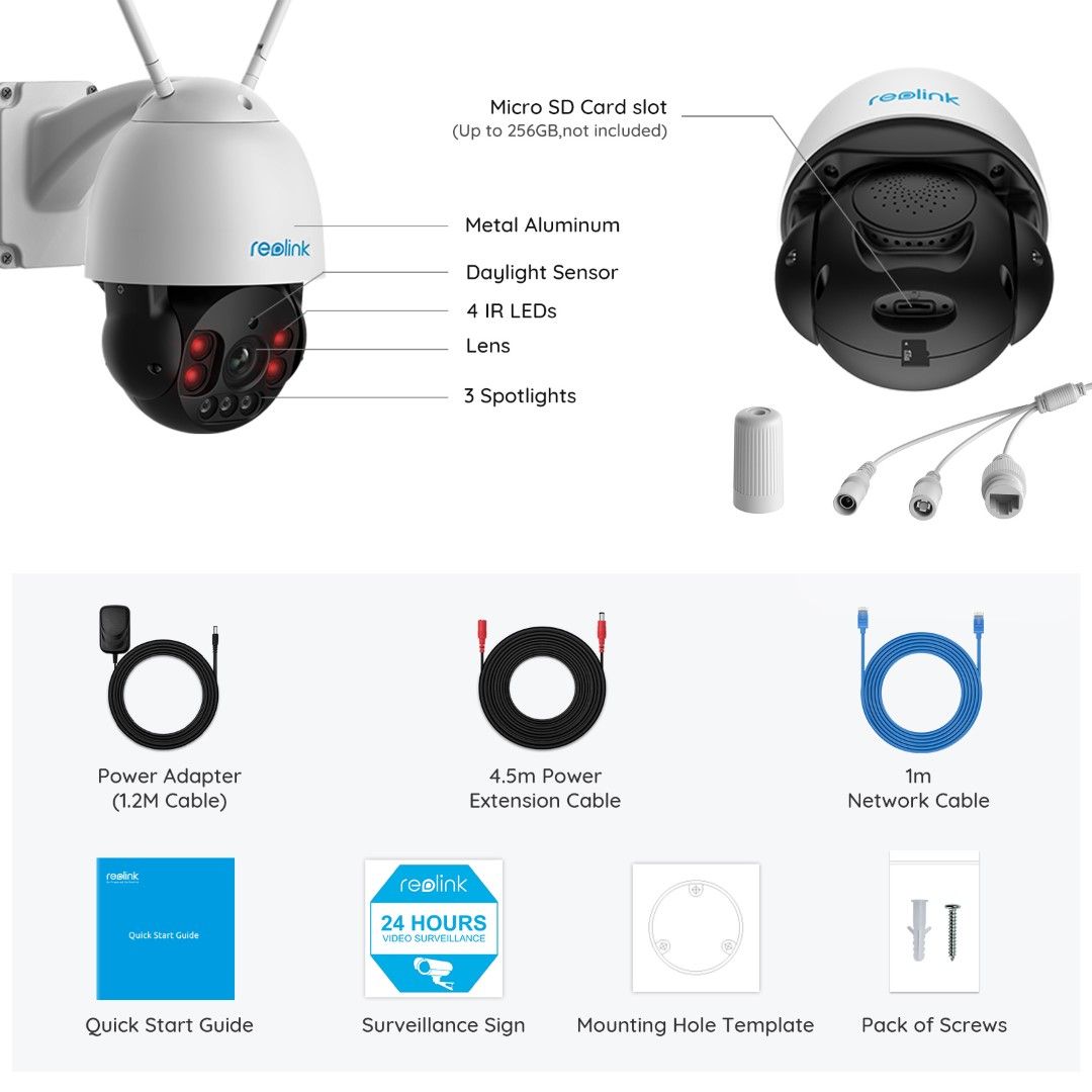 Reolink RLC-523WA 5MP WiFi PTZ-camera met accessoires, kabels, montageonderdelen en handleiding in een overzicht.