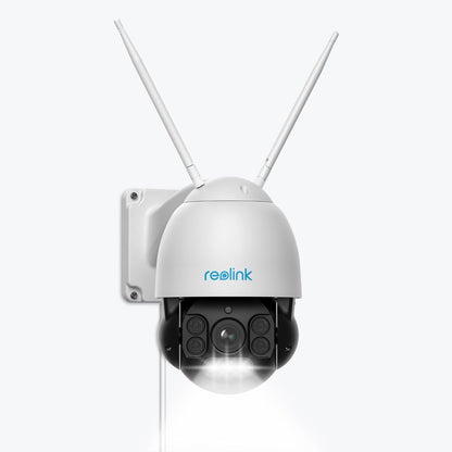 Witte Reolink RLC-523WA WiFi PTZ-beveiligingscamera met twee antennes, 4x optische zoom en ingebouwde LED-spotlight.