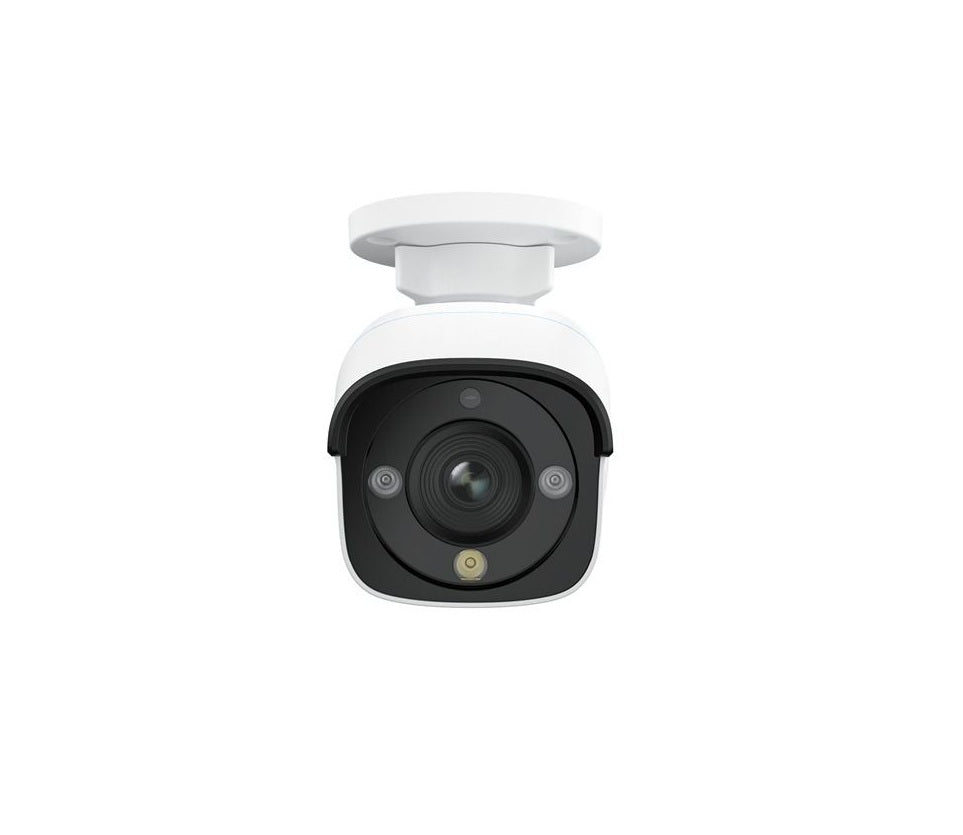 Witte Reolink 12MP PoE bulletcamera met spotlight en zwarte lensbehuizing voor buiten.