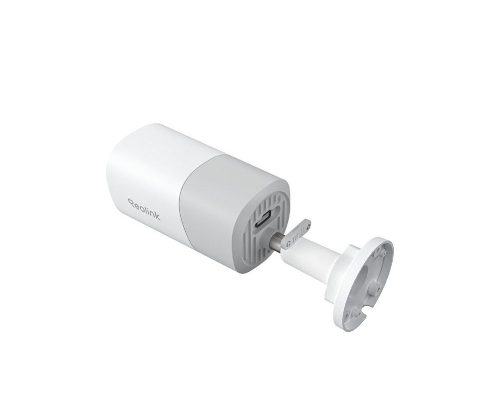 Witte Reolink 4K PoE bulletcamera met verstelbare montagebeugel en zichtbare SD-kaartslot aan de achterzijde.